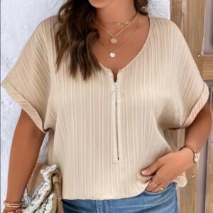 2024 Amazon Hot Selling Hot Models Plus Size Loose Solid Color Vertical Pattern Dolman Sleeve Comfortable V-neck Zipper Top