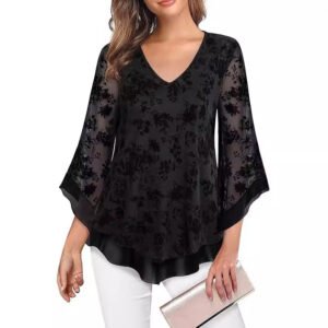 2024 European and American cross-border double layer mesh women's summer cropped bell sleeve tunic with a waist V-neck floral yoga top