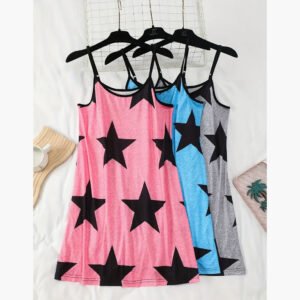 Cute nightdress set, women's heart-print crewneck contrasting trim suspender nightdress three-piece set